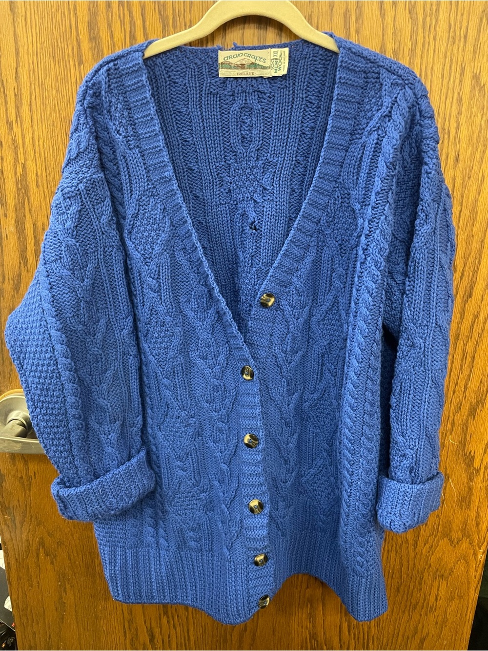 Aran Crafts Blue Irish Cable Knit Wool Cardigan Sweater 100% Merino Wool XXL